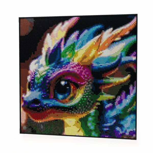 Baby Dragon made out of 13,153 LEGO-Compatible bricks on a white clean background.