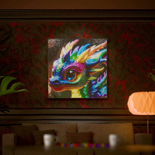 Baby Dragon made out of 13,153 LEGO-Compatible bricks on a luxurious home background.
