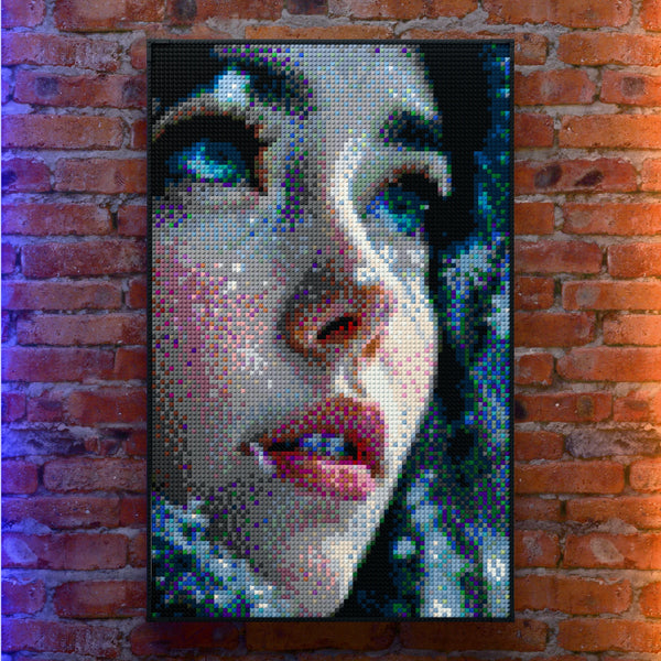 Beautiful Snow Model made out of 10,769 LEGO-Compatible bricks on a real red-brick wall background with good lighting, built with 1x1 square plates.