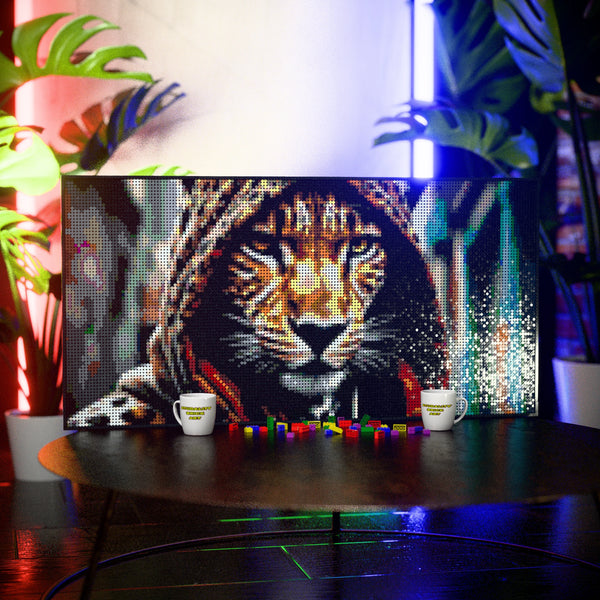 Cheetah in a Hoodie made out of 13,433 LEGO-Compatible bricks on a table with stylish luxury studio background.