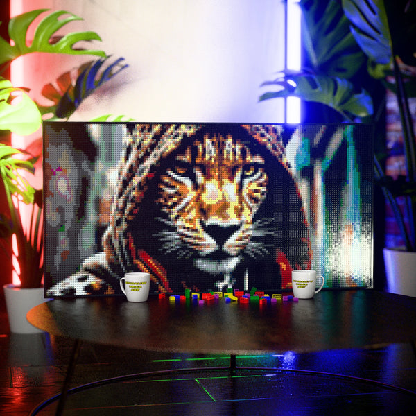 Cheetah in a Hoodie made out of 13,433 LEGO-Compatible bricks on a table with stylish luxury studio background, built with 1x1 square plates.