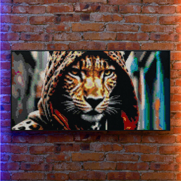 Cheetah in a Hoodie made out of 13,433 LEGO-Compatible bricks on a real red-brick wall background with good lighting.