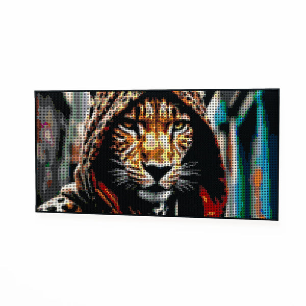 Cheetah in a Hoodie made out of 13,433 LEGO-Compatible bricks on a white clean background.