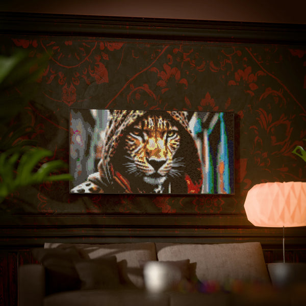 Cheetah in a Hoodie made out of 13,433 LEGO-Compatible bricks on a luxurious home background.