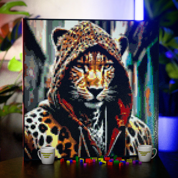 Cheetah in a Hoodie made out of 13,153 LEGO-Compatible bricks on a table with stylish luxury studio background, built with 1x1 square plates.