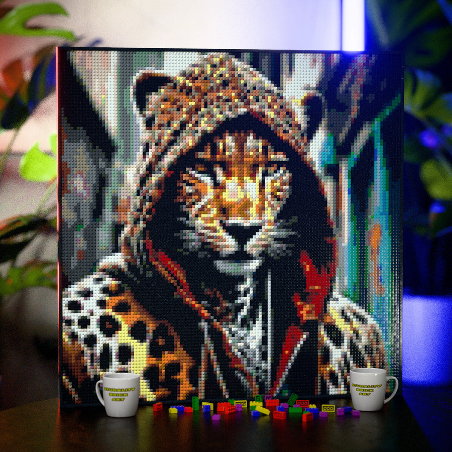 Cheetah in a Hoodie made out of 13,153 LEGO-Compatible bricks on a table with stylish luxury studio background, built with 1x1 square plates.