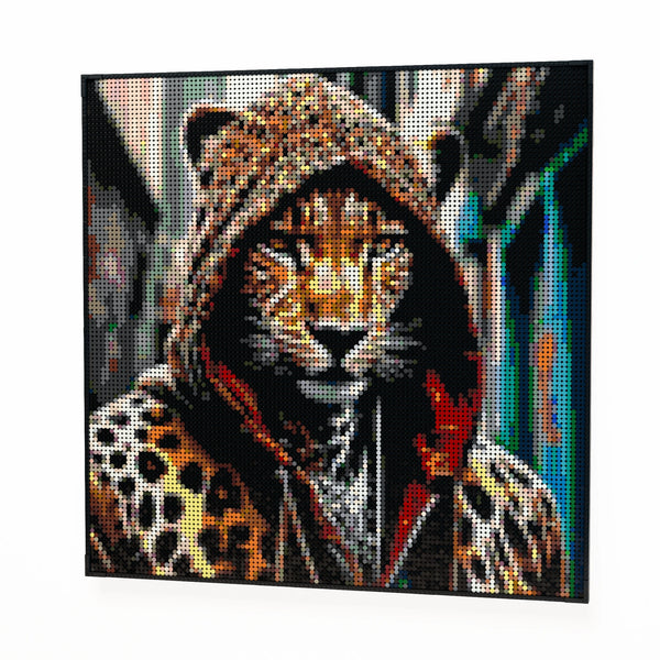 Cheetah in a Hoodie made out of 13,153 LEGO-Compatible bricks on a white clean background.