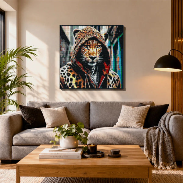 Cheetah in a Hoodie made out of 13,153 LEGO-Compatible bricks on a ikea scandinavian home background.