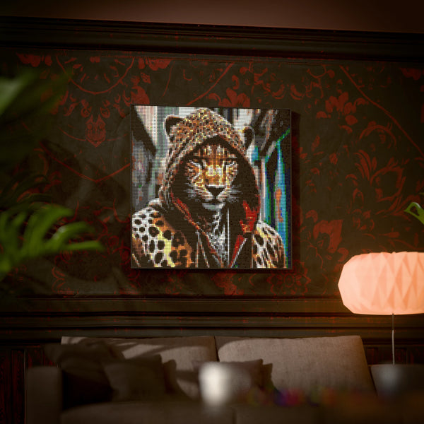 Cheetah in a Hoodie made out of 13,153 LEGO-Compatible bricks on a luxurious home background.