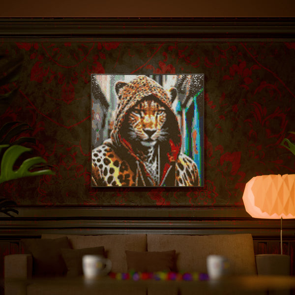 Cheetah in a Hoodie made out of 13,153 LEGO-Compatible bricks on a luxurious home background.
