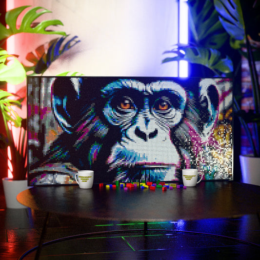 Chimp in the Hood made out of 13,433 LEGO-Compatible bricks on a table with stylish luxury studio background.