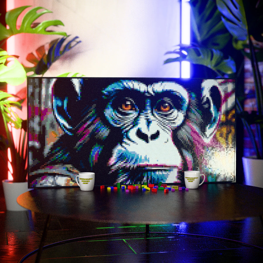 Chimp in the Hood made out of 13,433 LEGO-Compatible bricks on a table with stylish luxury studio background, built with 1x1 square plates.