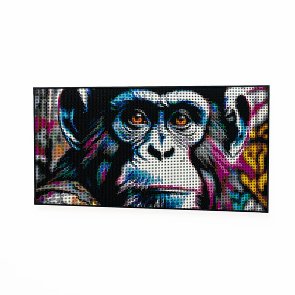 Chimp in the Hood made out of 13,433 LEGO-Compatible bricks on a white clean background.