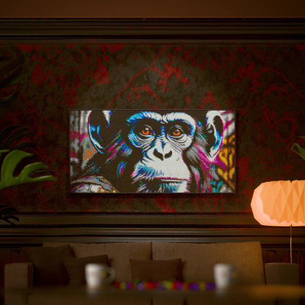Chimp in the Hood made out of 13,433 LEGO-Compatible bricks on a luxurious home background.