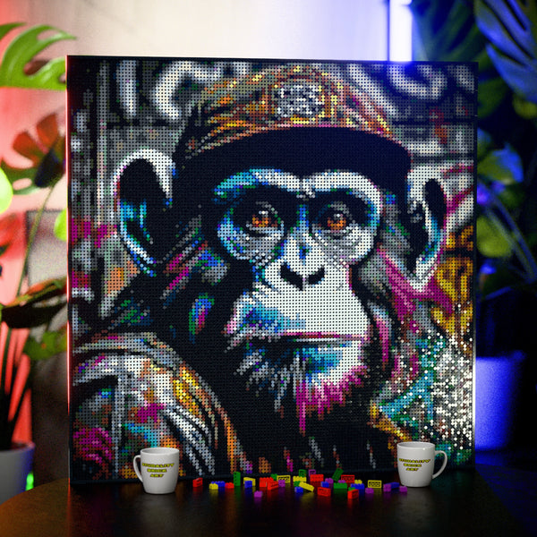 Chimp in the Hood made out of 17,132 LEGO-Compatible bricks on a table with stylish luxury studio background.