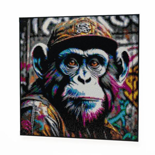 Chimp in the Hood made out of 17,132 LEGO-Compatible bricks on a white clean background.