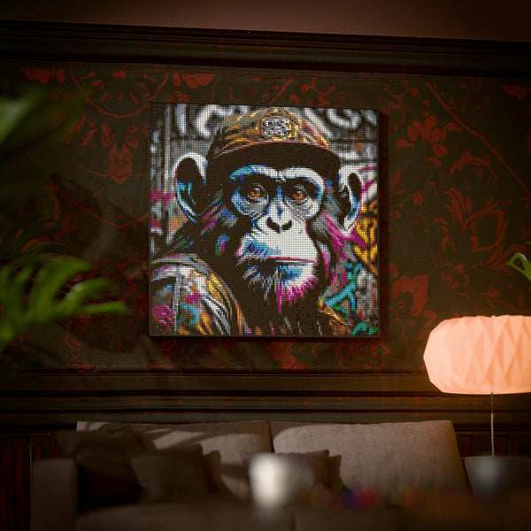 Chimp in the Hood made out of 17,132 LEGO-Compatible bricks on a luxurious home background.