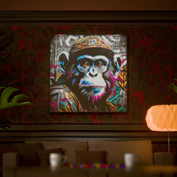 Chimp in the Hood made out of 17,132 LEGO-Compatible bricks on a luxurious home background.