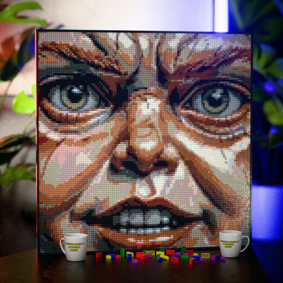 Chucky Inspired Evil Puppet made out of 13,153 LEGO-Compatible bricks on a table with stylish luxury studio background, built with 1x1 square plates.