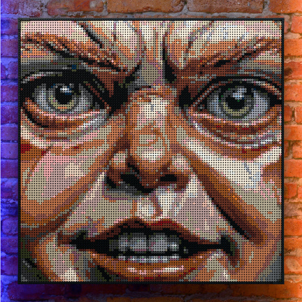 Chucky Inspired Evil Puppet made out of 13,153 LEGO-Compatible bricks on a real red-brick wall background with good lighting.
