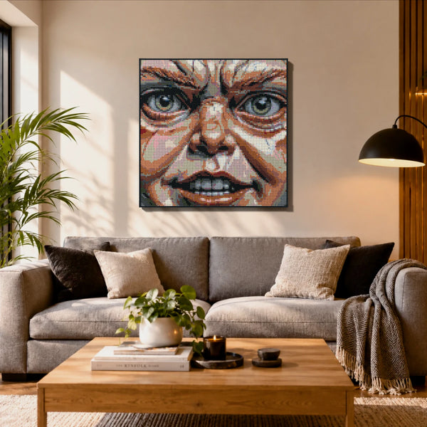 Chucky Inspired Evil Puppet made out of 13,153 LEGO-Compatible bricks on a ikea scandinavian home background.