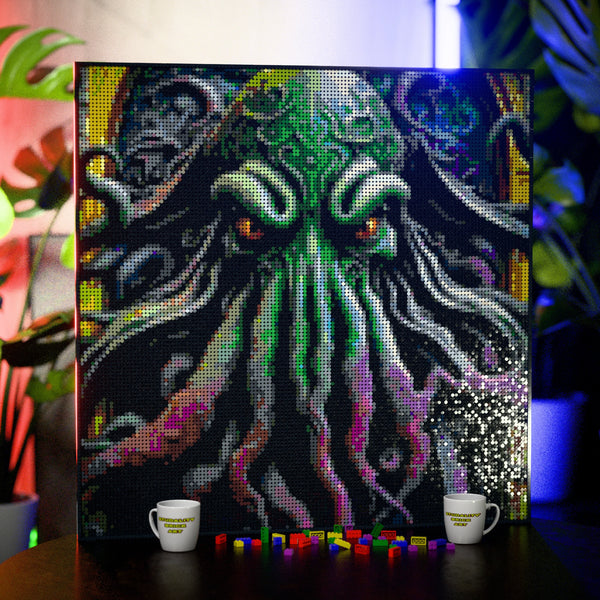 Cthulu made out of 17,132 LEGO-Compatible bricks on a table with stylish luxury studio background.
