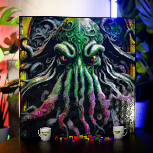 Cthulu made out of 17,132 LEGO-Compatible bricks on a table with stylish luxury studio background, built with 1x1 square plates.