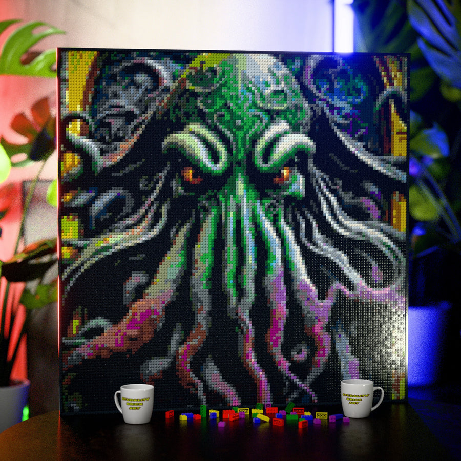 Cthulu made out of 17,132 LEGO-Compatible bricks on a table with stylish luxury studio background, built with 1x1 square plates.