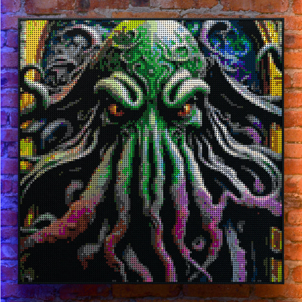 Cthulu made out of 17,132 LEGO-Compatible bricks on a real red-brick wall background with good lighting.