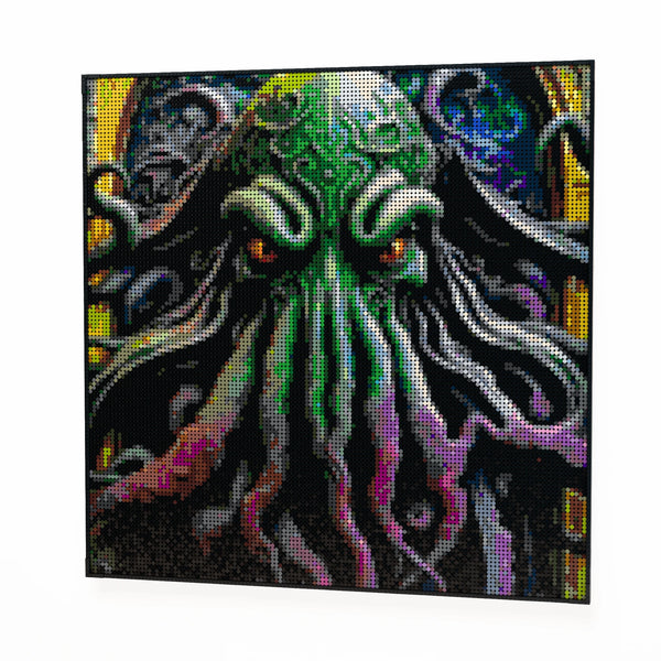 Cthulu made out of 17,132 LEGO-Compatible bricks on a white clean background.