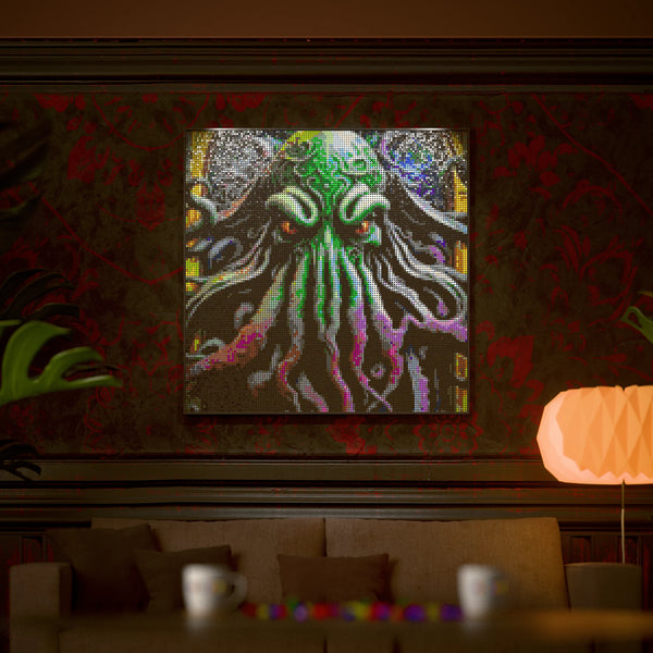 Cthulu made out of 17,132 LEGO-Compatible bricks on a luxurious home background.