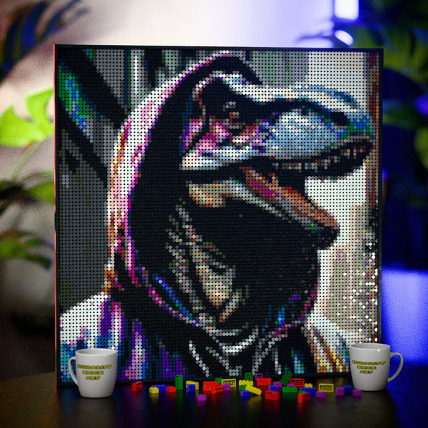Dinosaur in a Hoodie made out of 9,700 LEGO-Compatible bricks on a table with stylish luxury studio background.