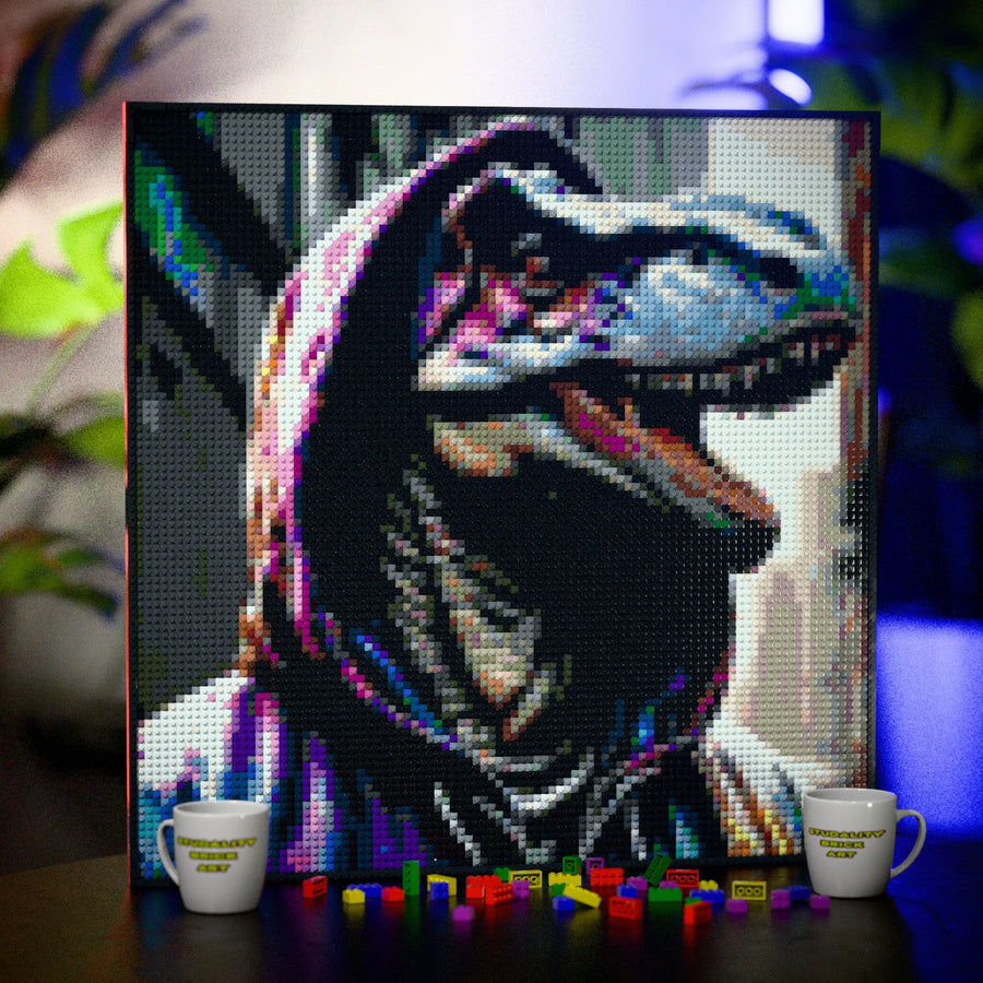 Dinosaur in a Hoodie made out of 9,700 LEGO-Compatible bricks on a table with stylish luxury studio background, built with 1x1 square plates.