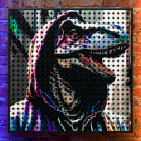 Dinosaur in a Hoodie made out of 9,700 LEGO-Compatible bricks on a real red-brick wall background with good lighting.
