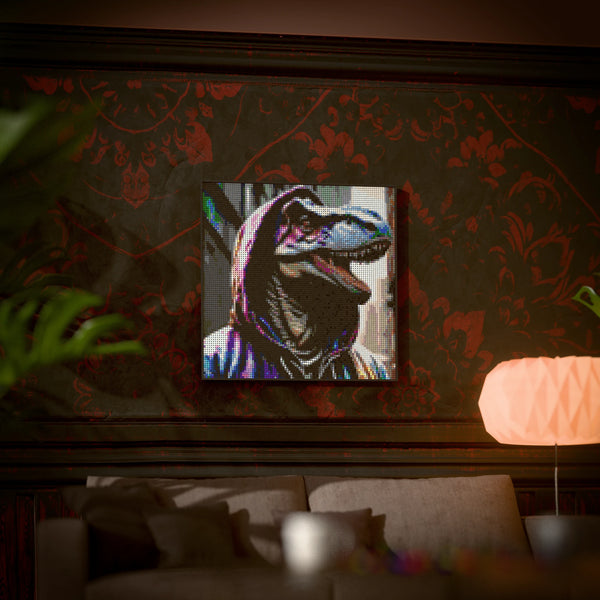Dinosaur in a Hoodie made out of 9,700 LEGO-Compatible bricks on a luxurious home background.