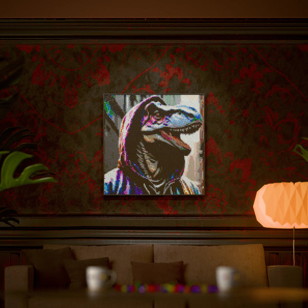 Dinosaur in a Hoodie made out of 9,700 LEGO-Compatible bricks on a luxurious home background.