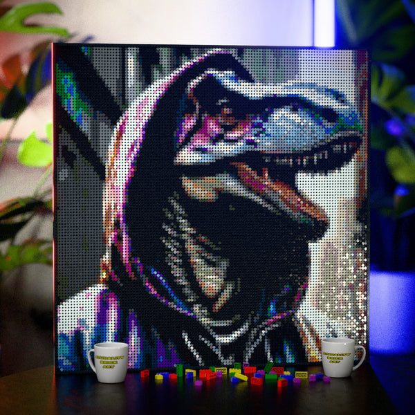 Dinosaur in a Hoodie made out of 13,153 LEGO-Compatible bricks on a table with stylish luxury studio background.