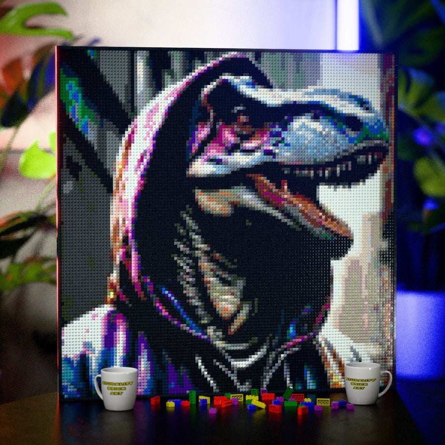 Dinosaur in a Hoodie made out of 13,153 LEGO-Compatible bricks on a table with stylish luxury studio background, built with 1x1 square plates.
