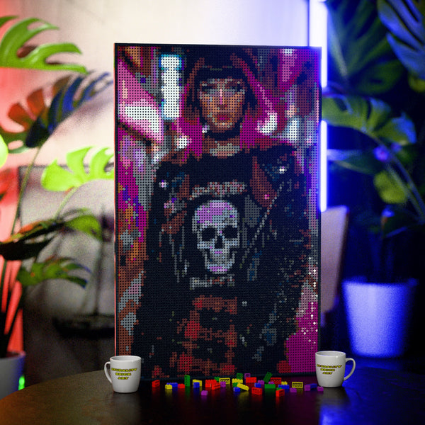 DJ Model Woman made out of 10,769 LEGO-Compatible bricks on a table with stylish luxury studio background.