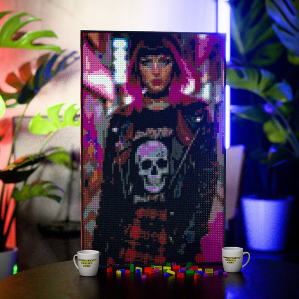 DJ Model Woman made out of 10,769 LEGO-Compatible bricks on a table with stylish luxury studio background, built with 1x1 square plates.