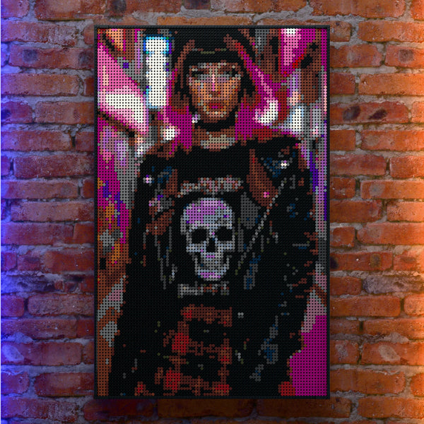 DJ Model Woman made out of 10,769 LEGO-Compatible bricks on a real red-brick wall background with good lighting.