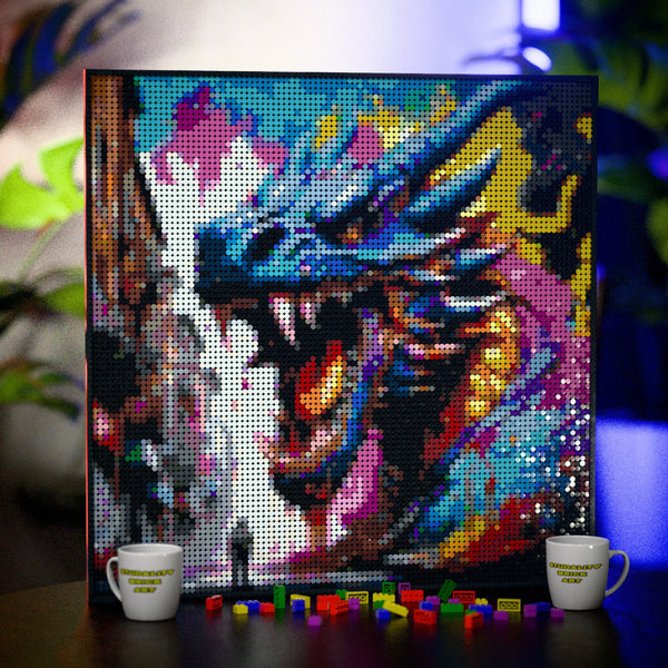 Dragon Samurai made out of 9,700 LEGO-Compatible bricks on a table with stylish luxury studio background.