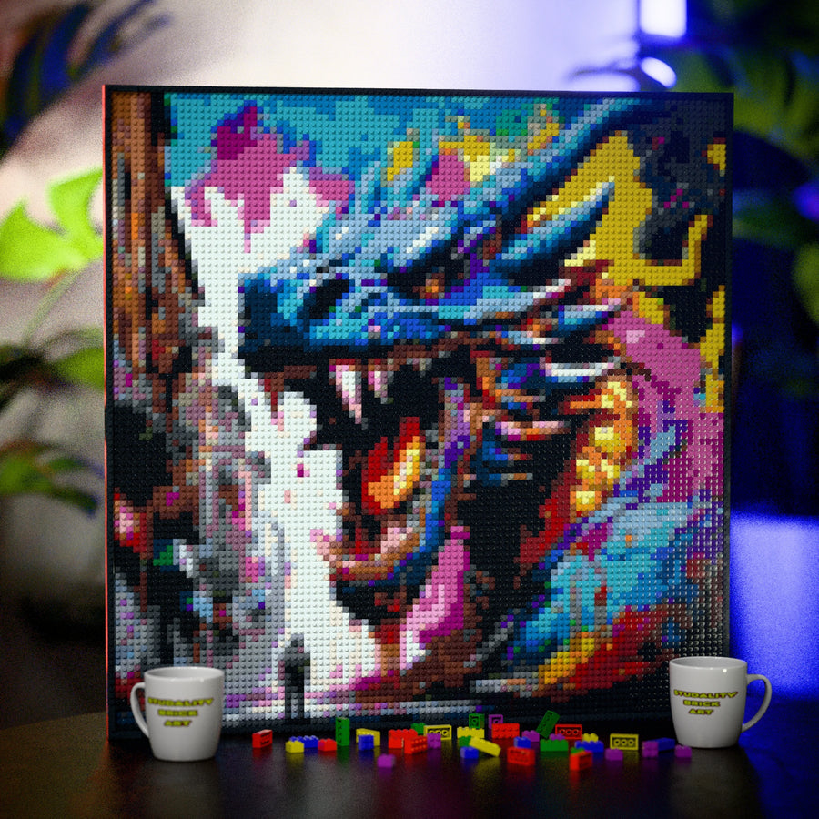 Dragon Samurai made out of 9,700 LEGO-Compatible bricks on a table with stylish luxury studio background, built with 1x1 square plates.