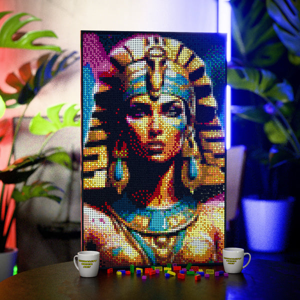 Egypt Pharaoh Cleopatra made out of 10,769 LEGO-Compatible bricks on a table with stylish luxury studio background.