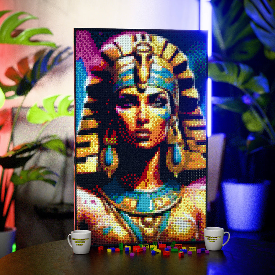 Egypt Pharaoh Cleopatra made out of 10,769 LEGO-Compatible bricks on a table with stylish luxury studio background, built with 1x1 square plates.