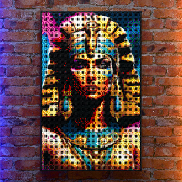 Egypt Pharaoh Cleopatra made out of 10,769 LEGO-Compatible bricks on a real red-brick wall background with good lighting.