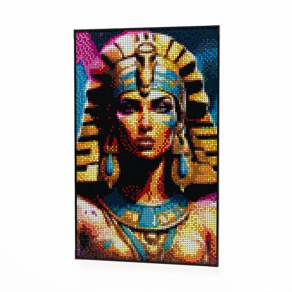 Egypt Pharaoh Cleopatra made out of 10,769 LEGO-Compatible bricks on a white clean background.