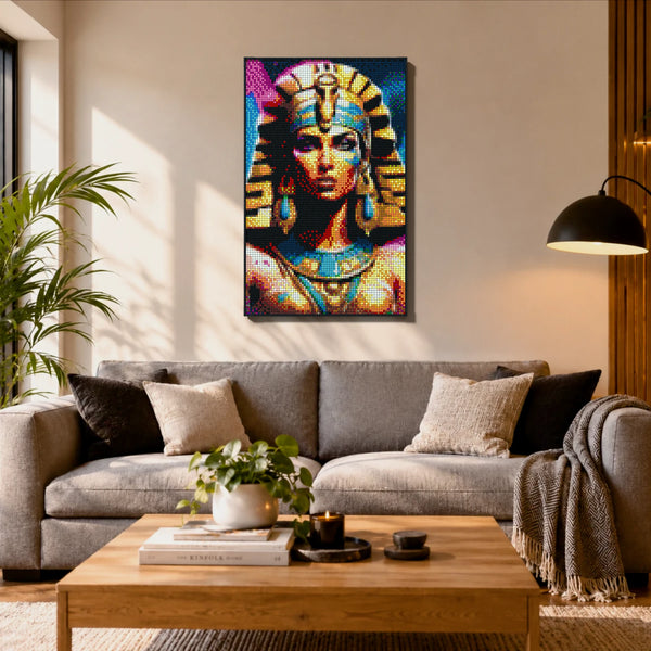 Egypt Pharaoh Cleopatra made out of 10,769 LEGO-Compatible bricks on a ikea scandinavian home background.