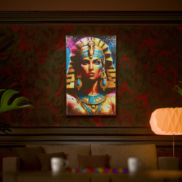 Egypt Pharaoh Cleopatra made out of 10,769 LEGO-Compatible bricks on a luxurious home background.