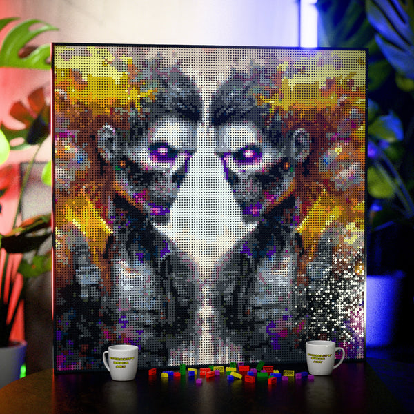 Etherial Zombie Soldiers made out of 17,132 LEGO-Compatible bricks on a table with stylish luxury studio background.